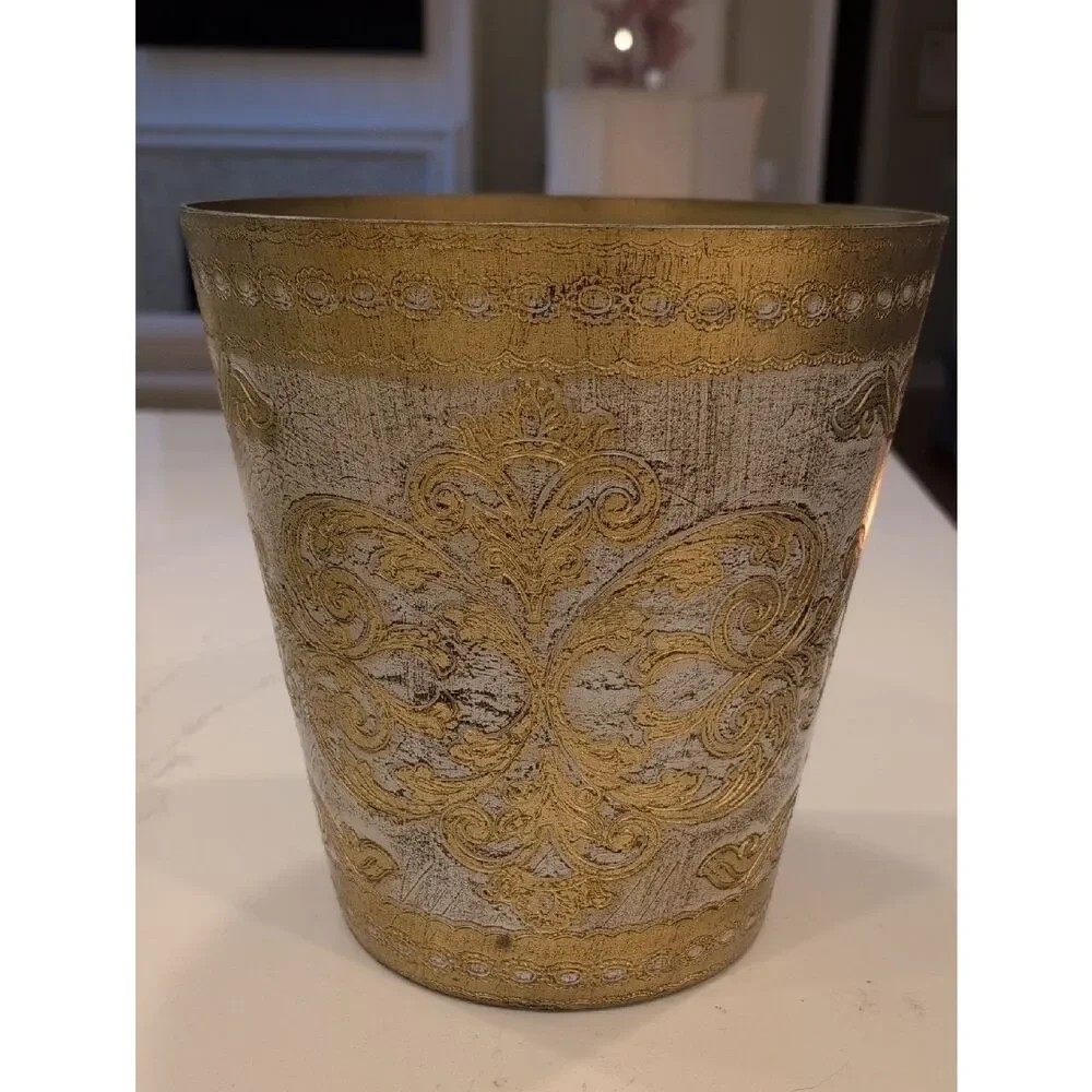 Florentine Gold and Cream Embossed Wastebasket Made in Italy Vintage